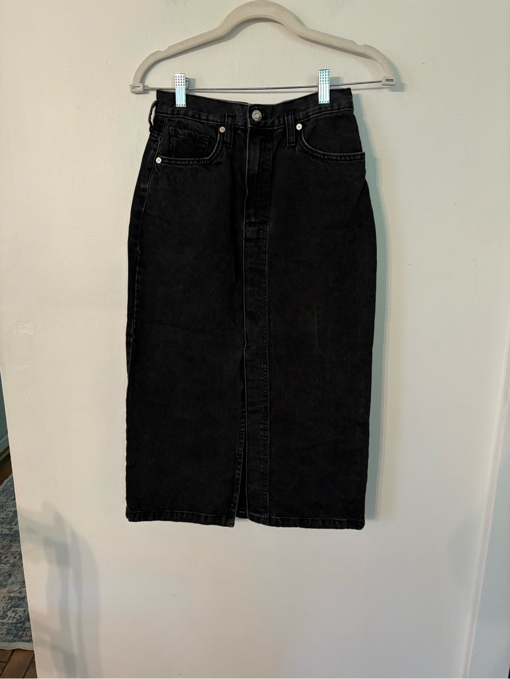 Black Denim Midi Skirt with Front Slit